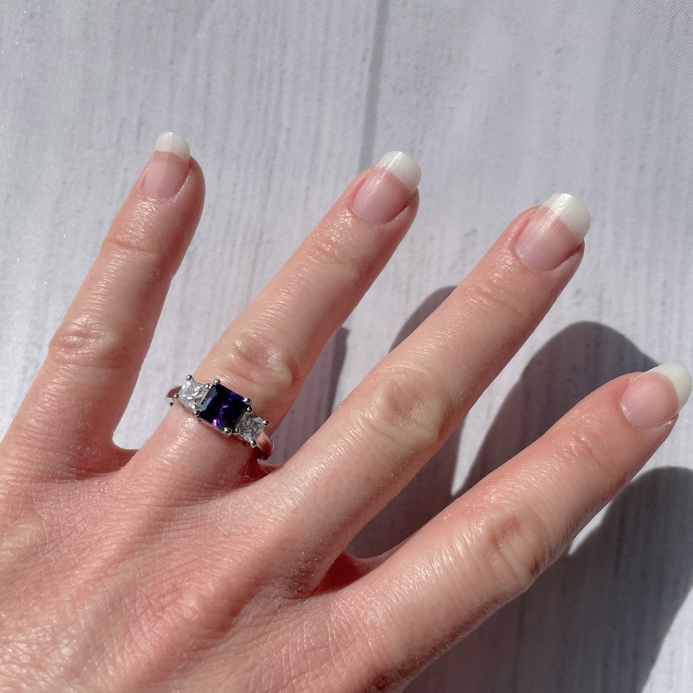 Purple Stone CZ 3-Stone Ring